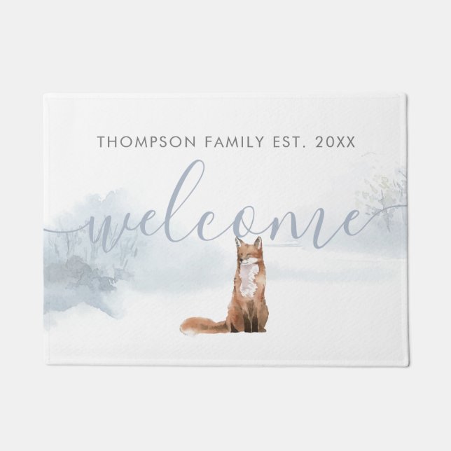 Winter Woodland Scene Fox Personalised Family Name Doormat (Front)