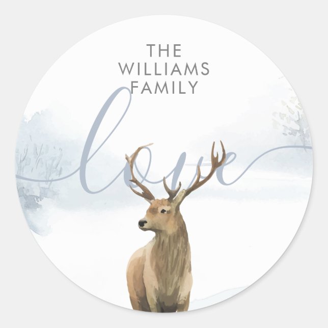 Winter Woodland Scene Stag Classic Round Sticker (Front)