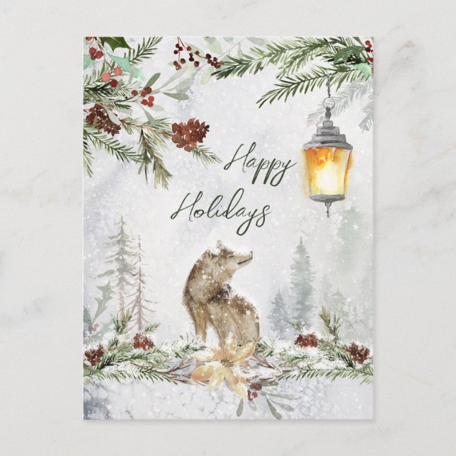 Winter woodland scene, wolf Christmas Postcard (Front)