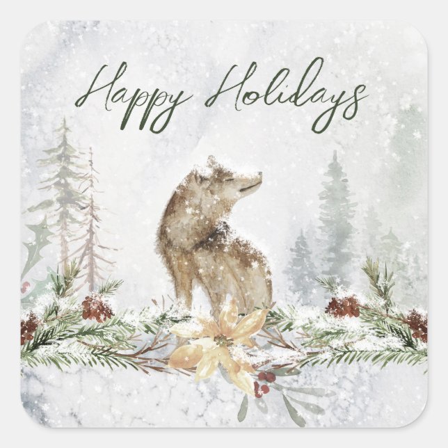 Winter Woodland Scene Wolf Christmas Sticker (Front)