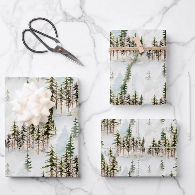 Winter Woodland Snowy Pine Tree Forest Scene Wrapping Paper Sheet (Front)
