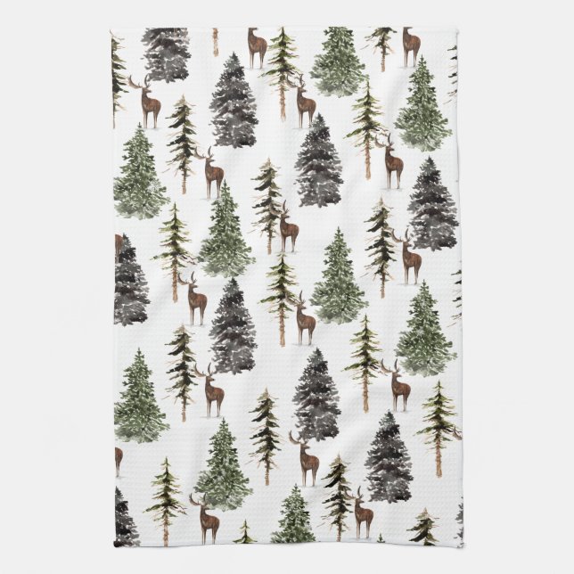 Winter Woodland Snowy Spruce Trees & Stag Tea Towel (Vertical)