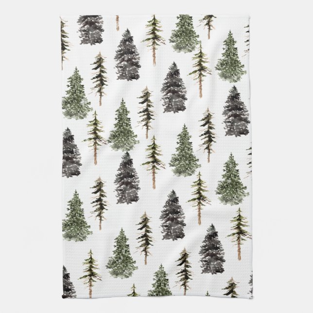 Winter Woodland Snowy Spruce Trees Tea Towel (Vertical)