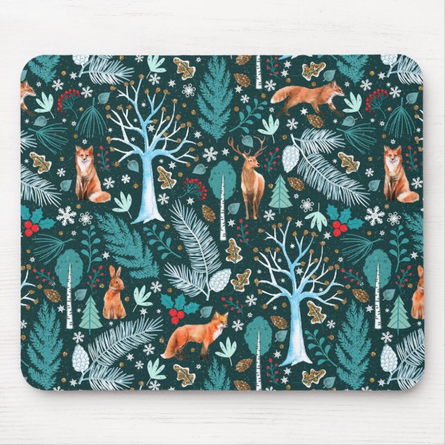 Winter Woodland Teal/Gold ID785 Mouse Mat (Front)