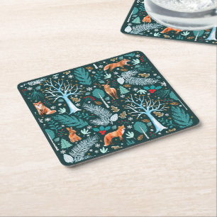 Winter Woodland Teal/Gold ID785 Square Paper Coaster