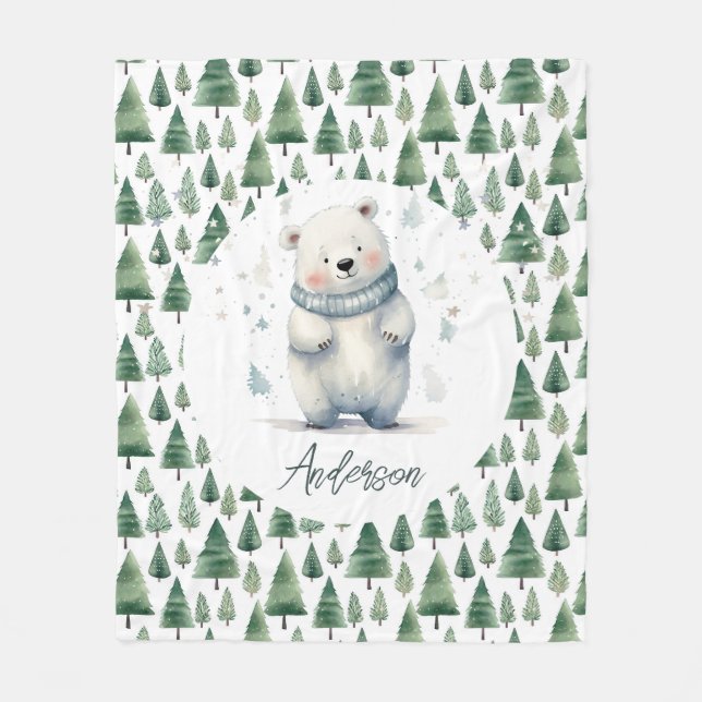 Winter Woodland Teddy Bear Name Fleece Blanket (Front)