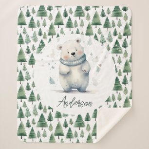 Winter Woodland Teddy Bear Name Sherpa Blanket