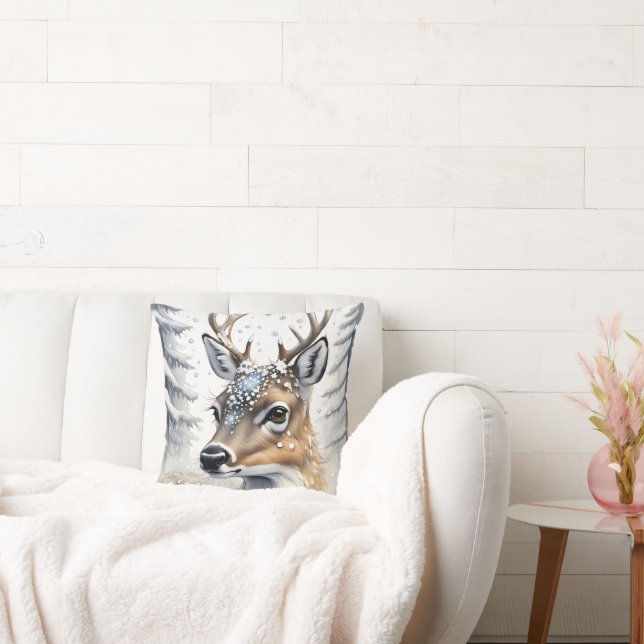 Winter Woodland Watercolor Christmas Deer Cushion (Couch)