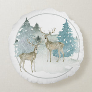Winter Woodland Watercolor Christmas Deer Round Cushion