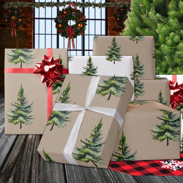 Winter Woodland Watercolour Fir Trees Kraft Wrapping Paper (Winter Woodland Watercolour Pine Trees Kraft Wrapping Paper Rolls)