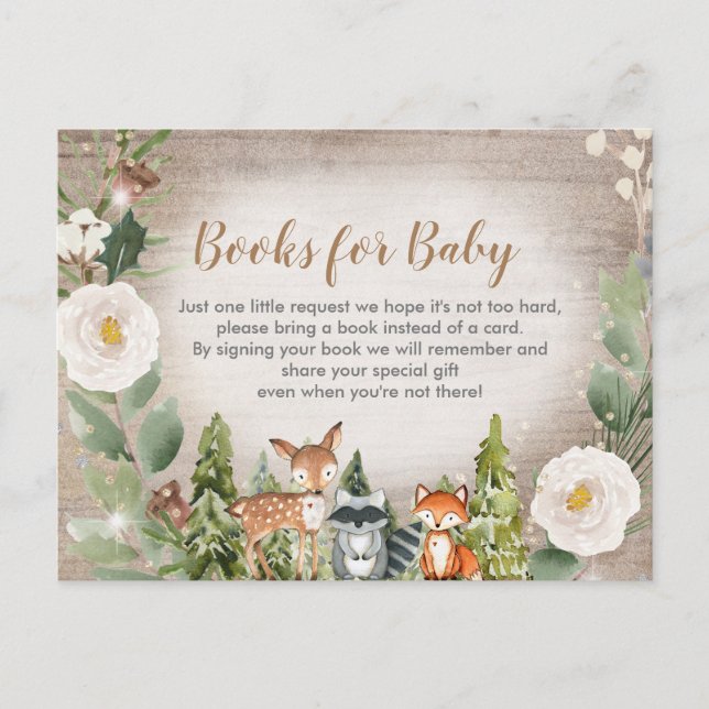 Winter woodland white floral books for baby invita invitation postcard (Front)