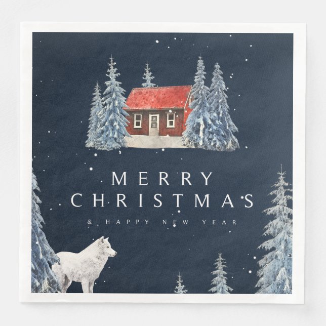 Winter Woodland Winter Cabin with Wolf Christmas Napkin (Front)