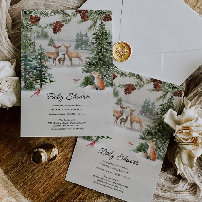 Winter Woodland Wonderland Baby Shower Invitation (Winter boho woodland baby shower)