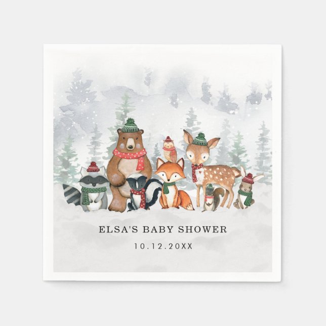 Winter Woodland Wonderland Forest Baby Animals Napkin (Front)