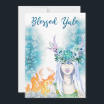 Winter Woodland Yule Fires Blessed Yule Pagan Holiday Card<br><div class="desc">Winter Woodland Yule Fires Blessed Yule Pagan Holiday Sabbat Design. Soft Watercolor textures in wintery blues with Winter Woodland Maiden beside the flames of Yule to welcome back the Light. May your Winter solstice be Blessed in All Ways!</div>