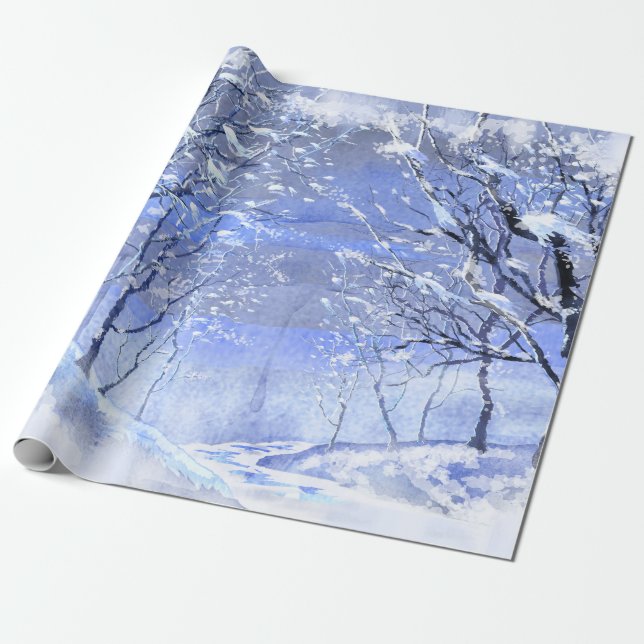 Winter Woods Watercolor Painting Wrapping Paper (Unrolled)