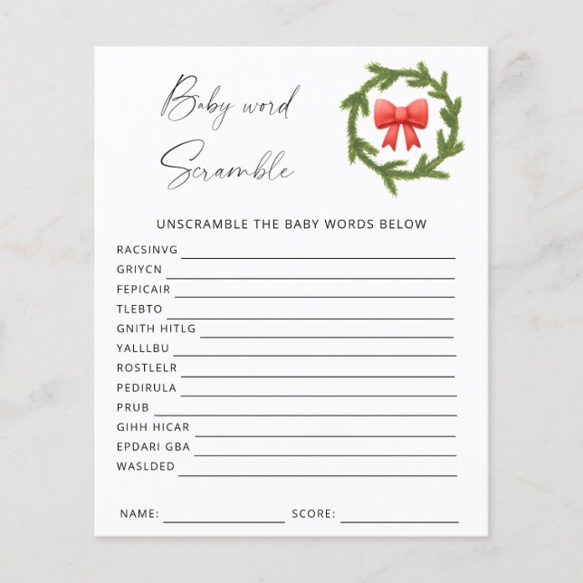 Winter word scramble baby shower game (Front)