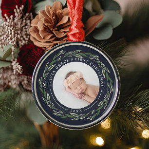 Winter Wreath   Baby's First Christmas Photo Metal Tree Decoration