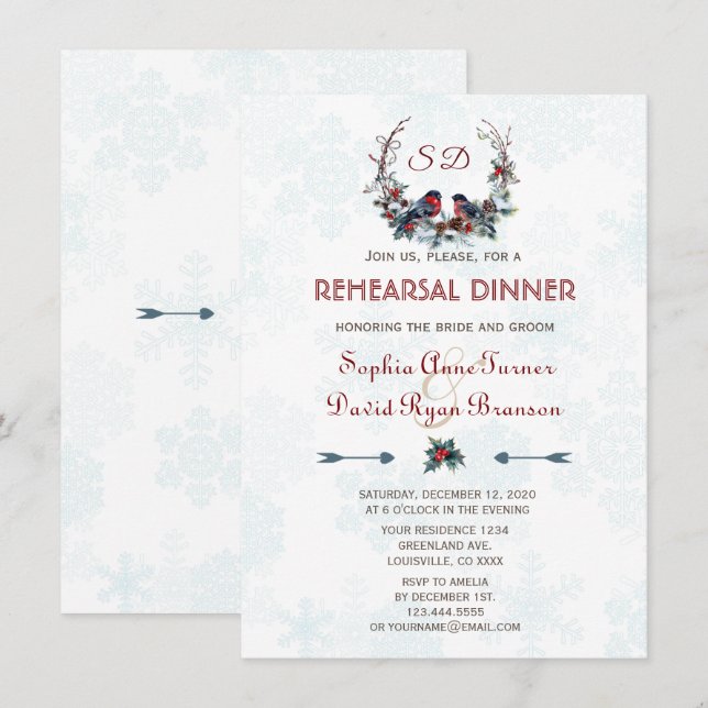 Winter Wreath Berries Bullfinch Rehearsal Dinner Invitation (Front/Back)