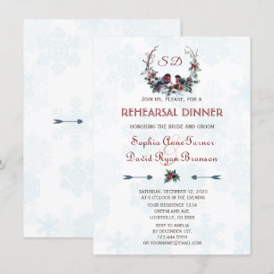 Winter Wreath Berries Bullfinch Rehearsal Dinner Invitation