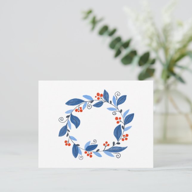 Winter wreath. Blue leaves and red berries Postcard (Standing Front)