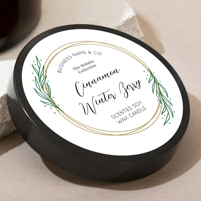 Winter Wreath Christmas Candle Product Label Round (Elegant Christmas round product label with festive gold greenery wreath and script fonts)