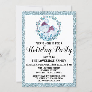 Winter Wreath Christmas Holiday Party Blue Glitter Invitation