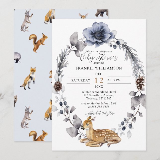 Winter Wreath Deer Woodland Baby Shower Invitation (Front/Back)
