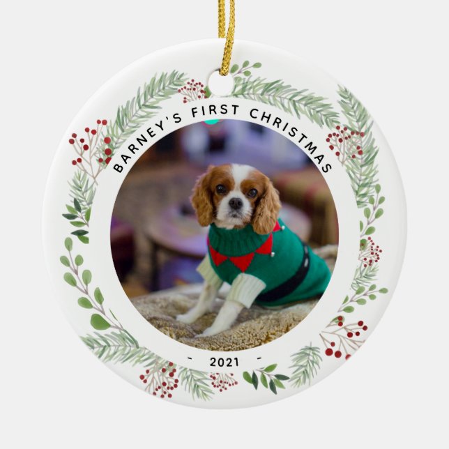 Winter Wreath Dog's Photo Christmas Ceramic Tree Decoration (Front)