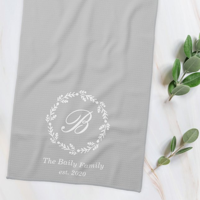Winter Wreath Family Name Monogram Grey Tea Towel (Creator Uploaded)