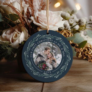 Winter Wreath   First Married Christmas Photo Ceramic Tree Decoration