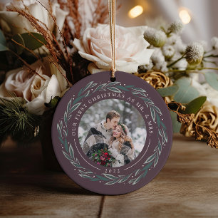 Winter Wreath   First Married Christmas Photo Ceramic Tree Decoration