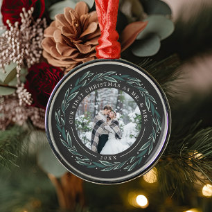 Winter Wreath First Married Christmas Photo Metal Tree Decoration