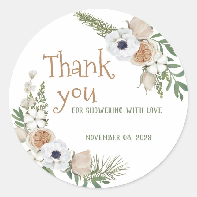 Winter Wreath Floral Taupe Cotton Pine Baby Shower Classic Round Sticker (Front)