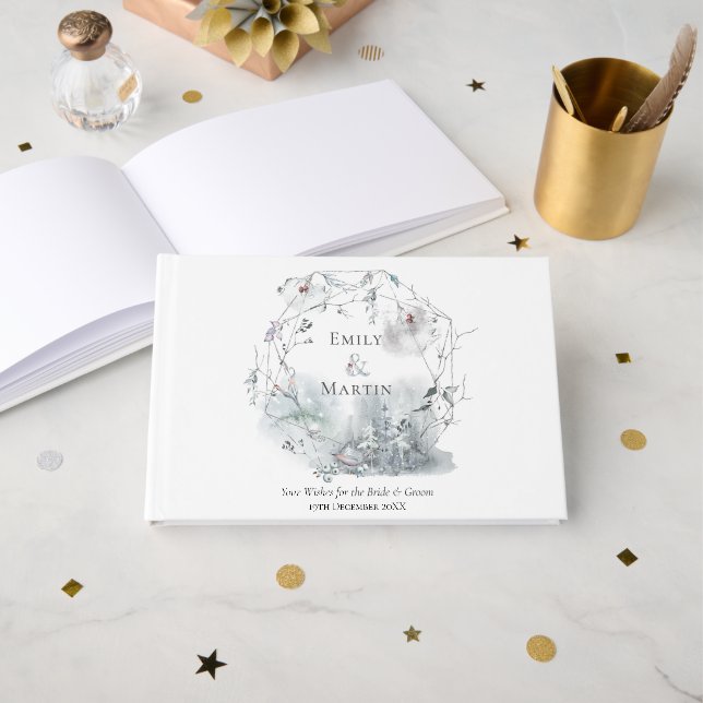 Winter Wreath Foliage Festive  Watercolors Wedding Guest Book (Front Open)