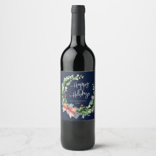 winter wreath happy holidays wine label