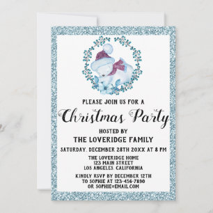 Winter Wreath Holiday Christmas Party Blue Glitter Invitation