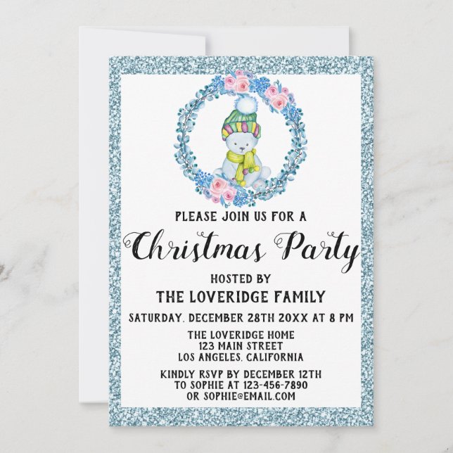 Winter Wreath Holiday Christmas Party Blue Glitter Invitation (Front)