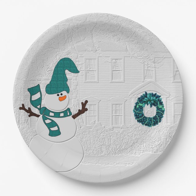 Winter Wreath in Teal with Snowman Holiday House Paper Plate (Front)
