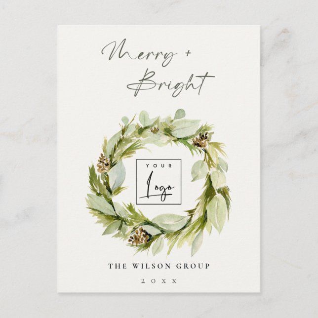 Winter Wreath Merry & Bright Christmas Logo Holiday Postcard (Front)