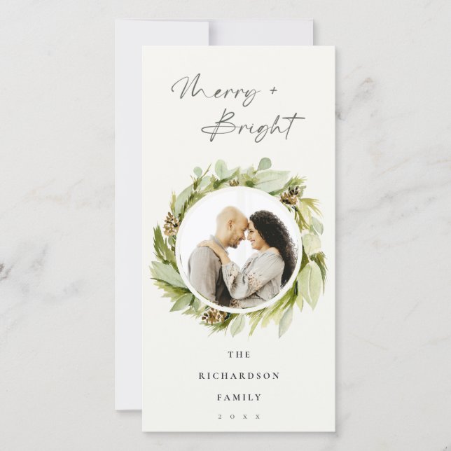Winter Wreath Merry & Bright Christmas Photo Holiday Card (Front)