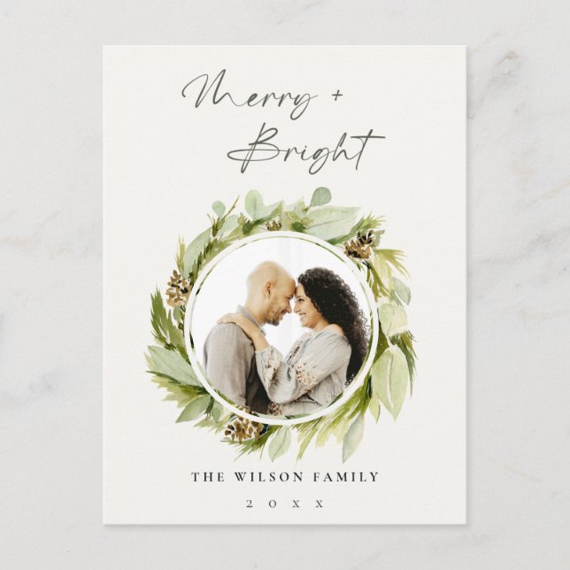 Winter Wreath Merry & Bright Christmas Photo Holiday Postcard (Front)