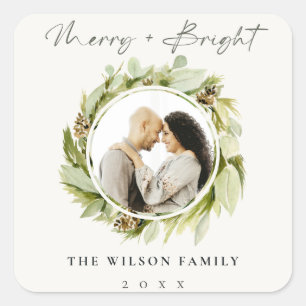 Winter Wreath Merry & Bright Christmas Photo Square Sticker