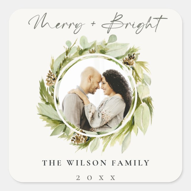 Winter Wreath Merry & Bright Christmas Photo Square Sticker (Front)