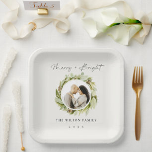 Winter Wreath Merry & Bright Photo Christmas Paper Plate