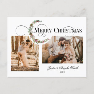Winter Wreath & Merry Christmas Typography 2-Photo Holiday Postcard