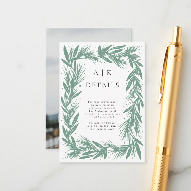 Winter Wreath Modern Wedding Details Green Enclosure Card (Front/Back In Situ)