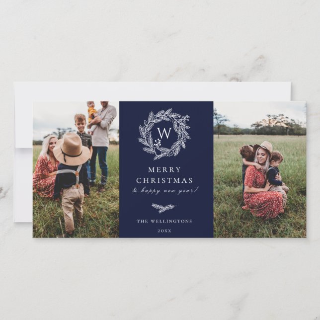 Winter Wreath Monogram Holiday 2 Photo Card Blue (Front)