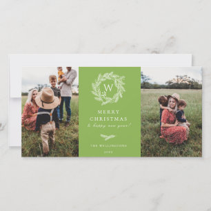Winter Wreath Monogram Holiday 2 Photo Card Green
