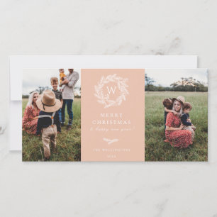 Winter Wreath Monogram Holiday 2 Photo Card Pink